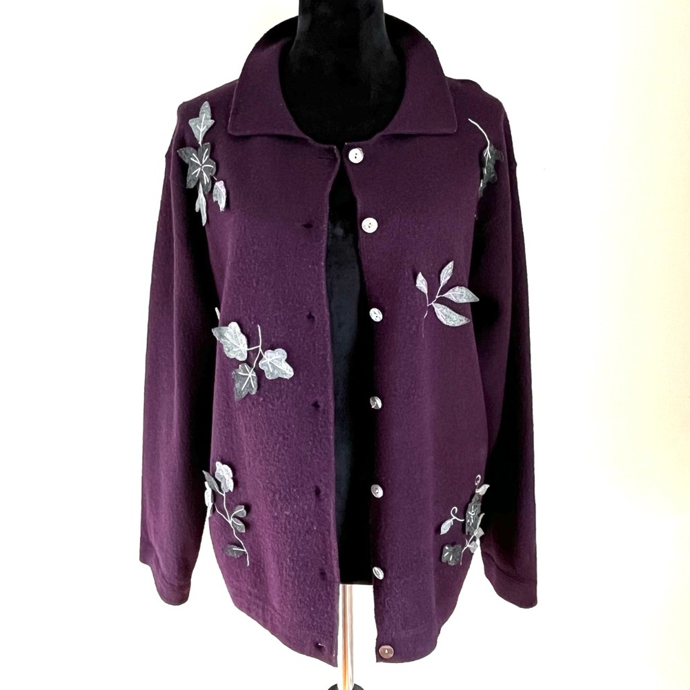 Vintage Coldwater Creek Purple Boiled Wool Appliqué leaves Jacket Coat sz PS